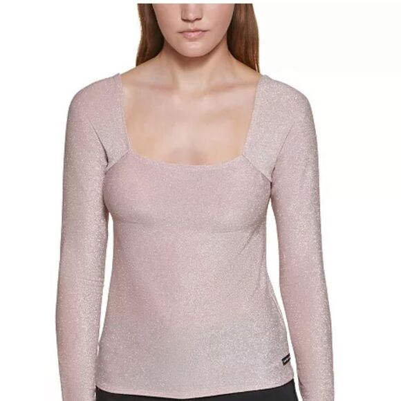 Calvin Klein Jeans Square-Neck Shimmer Long-Sleeve Top, Sparkle Party, shirt - Picture 2 of 14